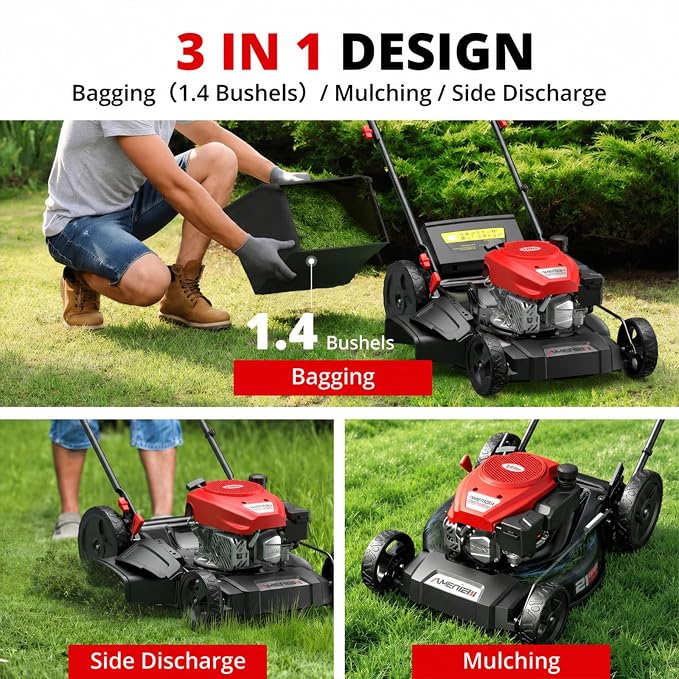 AMERISUN 21” Gas Push Lawn Mower, 144cc 4-Stroke OHV Engine, 3-in-1 Mulching/Side Discharge/Rear Bag, 6-Height Adjustment, High Wheel Walk-Behind Lawn Mower for Medium to Large Yards
