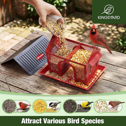 Kingsyard Wild Bird Feeder for Outdoors Hanging, All Metal | Dual-Use Mesh with 360° Feeding, Weatherproof Roof, 3 lb Seed Capacity, Garden Decor & Birding Gift, Red