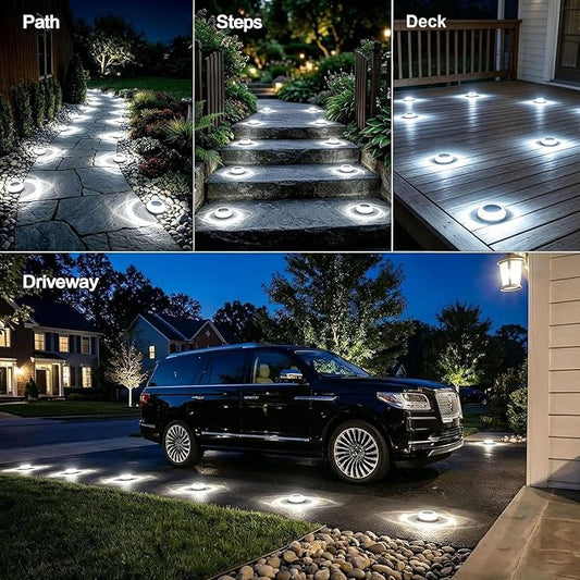 Solar Driveway Lights 12 Pack, Solar Deck Lights Outdoor IP67 Waterproof, 6000K Cool White Solar Ground Lights Landscape Path Lighting for Step Sidewalk Stair Garden Ground Pathway Yard