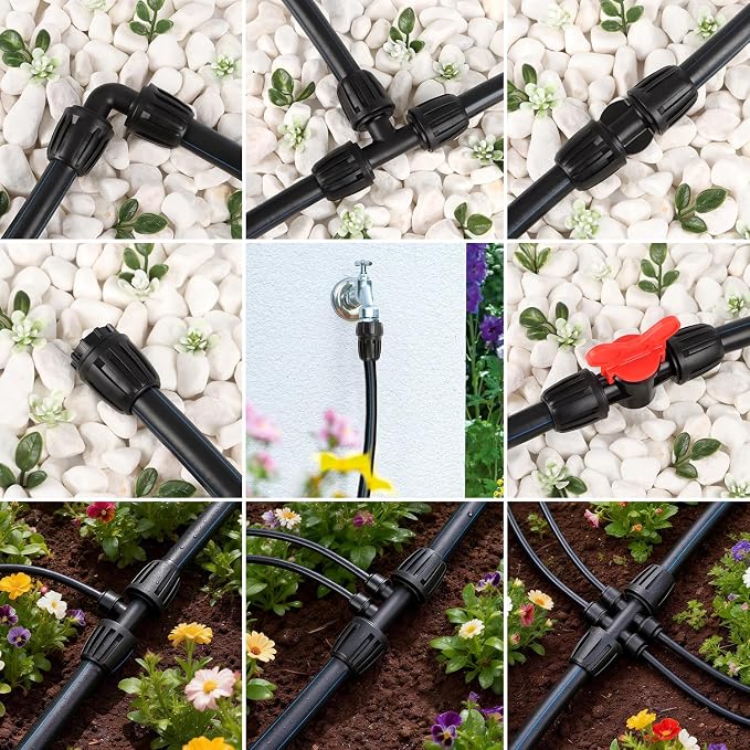 RedChili 24 Pcs 1/2 Inch Irrigation Tubing Fittings Kit, 16mm 1/2" Drip Line Barbed Locked Nuts Connectors with 3 Couplings 3 Tees 6 Plugs 2 Elbows 2 Valves 6 Quick Connect Reducers 2 Hose Adapters