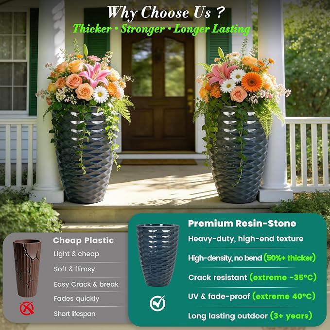 2-Pack 19" Glossy Navy Blue Resin Tall Planters with Wave Texture | Set of 2 resin tall planters with glossy navy blue wave texture, drainage plugs, and UV-resistant finish for porch or patio