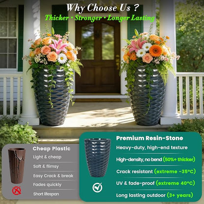 2-Pack 19" Glossy Navy Blue Resin Tall Planters with Wave Texture | Set of 2 resin tall planters with glossy navy blue wave texture, drainage plugs, and UV-resistant finish for porch or patio
