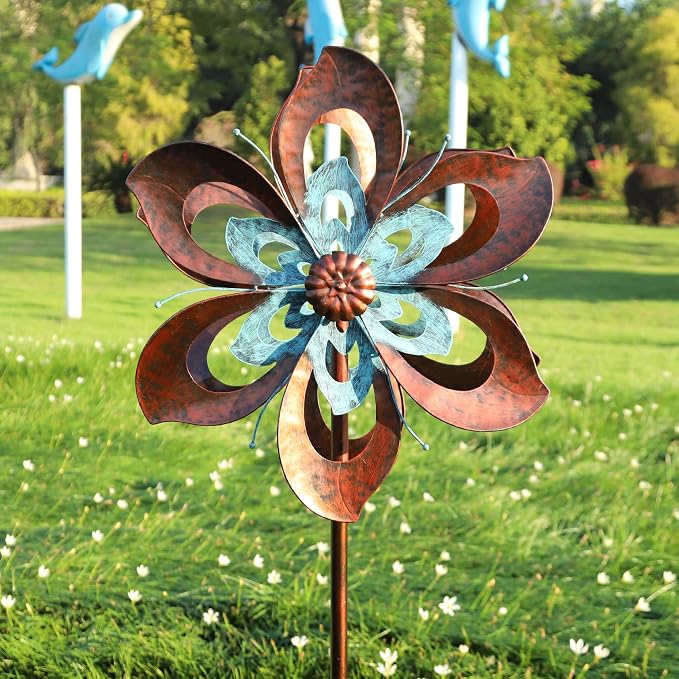 Pure Echo Garden Wind Spinner,Flower Wind Spinner,Outdoor Metal Wind Sculpture & Spinner Large 23 inch Dia 84 inch Height Kinetic Windmill for Garden Yard