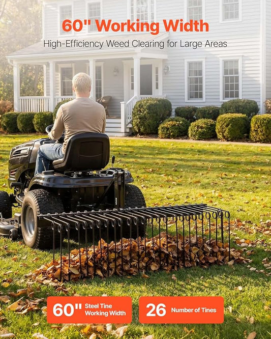 VEVOR 60 in Tow Behind Landscape Rake, 3 Point Hitch Lawn Dethatcher Rake, 26 Spring Steel Tines, for Category 1 Tractors, Heavy Duty & Rust-Resistant Rakes Tractor Attachments for Leaves Pine Needles