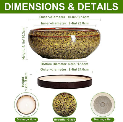 Bonsai Pots Ceramic - 10 Inch Succulent Planters Indoor Outdoor, Shallow Planter with Drainage Hole and Saucer, Round Planter Bowl, Succulent Pots, House Decor, Gifts for Plant Lover, Yellow