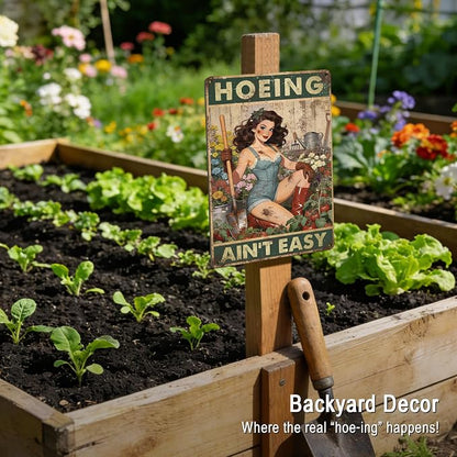 Funny Garden Sign for Outside Garden Decor Plant Lovers Gift | Vintage Gardening Gifts for Women Gardeners Farmhouse Backyard Greenhouse Wall Art Decor Hoeing Ain't Easy Tin Sign 12x8 Inch