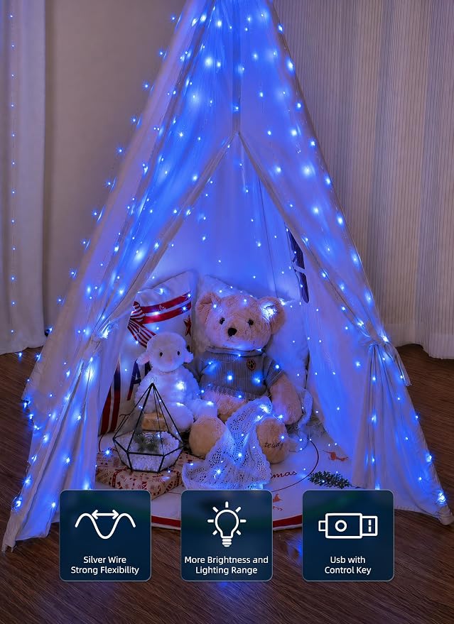 Brightown 300 LED Blue Fairy Curtain Lights, 9.8ft x 9.8ft String Lights, USB Plug in 8 Lighting Modes Christmas String Hanging Lights with Remote for Bedroom Indoor Outdoor Party Xmas Blue 1 Pack