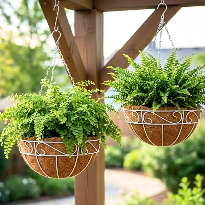 LaLaGreen Hanging Planter for Outdoor Plants (18 Inch, 4 Pack) Large White Hanging Planter with Coco Liner, Wire Flower Basket Pots with Hook Hanger Balcony Porch Farmhouse Country Style Garden Decor