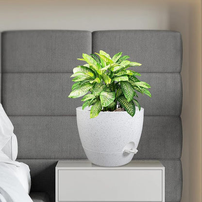 WSMKSZ 12 inch Large Self Watering Pots, Planter, Plant Pots with Multi Mesh Drainage Holes for Indoor Outdoor House Plants and Garden, Plastic Flower Pots with Deep Reservoir, Speckled White