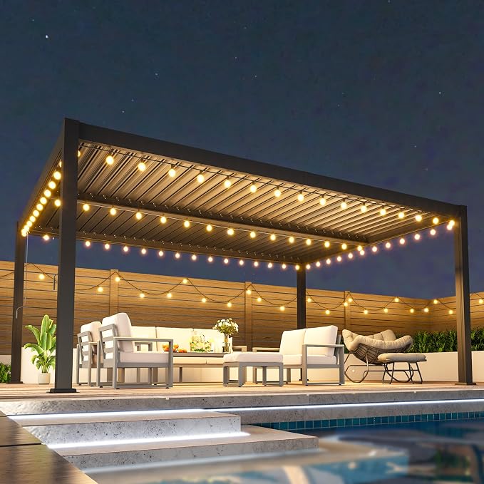 12' x 16' Louvered Pergola, Aluminum Frame Outdoor Pergola with Adjustable Louvered Roof & Integrated Gutter System, Hardtop Patio Gazebo for Backyard, Deck, Garden, Dark Gray