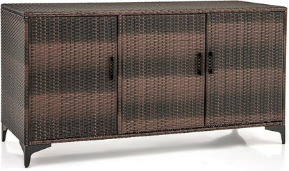 Giantex 84-Gallon Wicker Deck Box - Patio Storage Cabinet, 3-Door PE Rattan Storage Container with Removable Shelves, Indoor & Outdoor Package Box for Porch, Patio Furniture Cushions Tools (Brown)