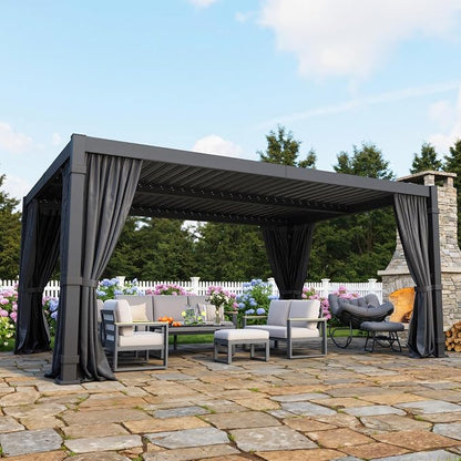 12' x 16' Louvered Pergola, Aluminum Frame Outdoor Pergola with Curtains & Netting, Adjustable Louvered Roof & Integrated Gutter System, Hardtop Patio Gazebo for Backyard, Patio, Garden, Dark Gray