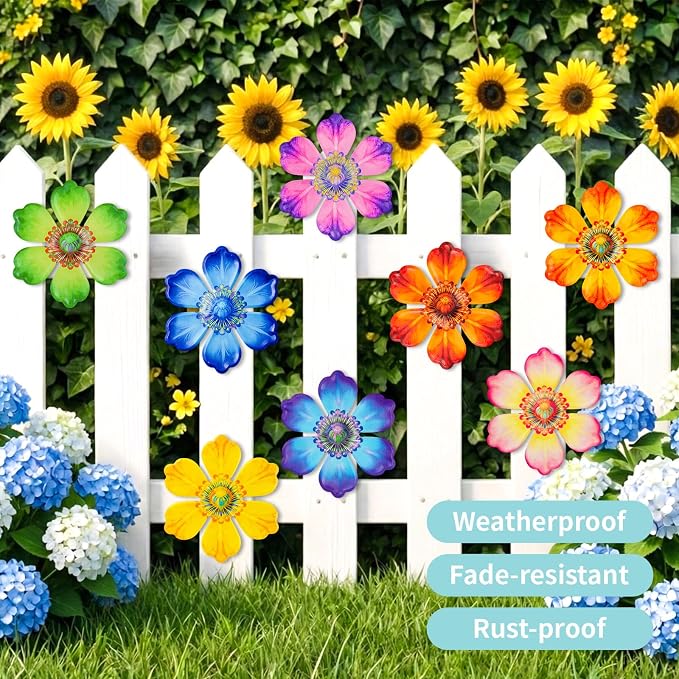 8Pcs Metal Flower Decor, 6.2" Outddoor Metal Wall Art Hanging Decoration for Garden Fence Yard Living Room Patio Backyard, Metal Flowers for Outside