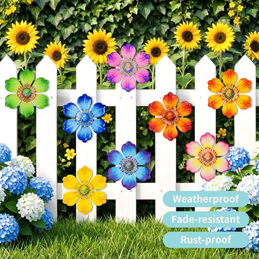 8Pcs Metal Flower Decor, 6.2" Outddoor Metal Wall Art Hanging Decoration for Garden Fence Yard Living Room Patio Backyard, Metal Flowers for Outside
