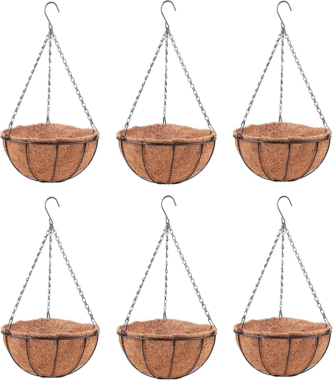 LaLaGreen Hanging Baskets for Outdoor Plants(6 Pack, 14 Inch) Large Hanging Planter with Coco Liner Round Flower Pots, Black Metal Wire Plant Holder Hook Hanger Deck Porch Modern Garden Balcony Decor