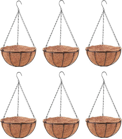 LaLaGreen Hanging Baskets for Outdoor Plants(6 Pack, 14 Inch) Large Hanging Planter with Coco Liner Round Flower Pots, Black Metal Wire Plant Holder Hook Hanger Deck Porch Modern Garden Balcony Decor
