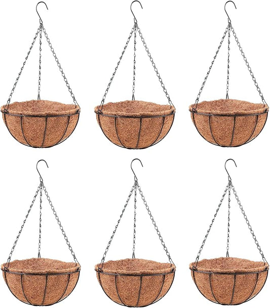 LaLaGreen Hanging Baskets for Outdoor Plants(6 Pack, 14 Inch) Large Hanging Planter with Coco Liner Round Flower Pots, Black Metal Wire Plant Holder Hook Hanger Deck Porch Modern Garden Balcony Decor