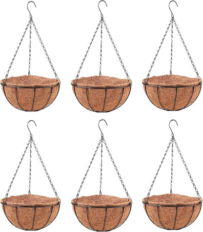 LaLaGreen Hanging Baskets for Plant Outdoor (6 Pack, 16 Inch) Extra Large Hanging Planter with Coco Liner Black Metal Wire Round Flower Pot Holder Hang Deck Porch Garden Balcony Natural Country Decor