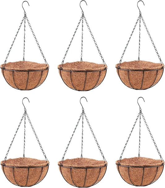 LaLaGreen Hanging Baskets for Plant Outdoor (6 Pack, 16 Inch) Extra Large Hanging Planter with Coco Liner Black Metal Wire Round Flower Pot Holder Hang Deck Porch Garden Balcony Natural Country Decor