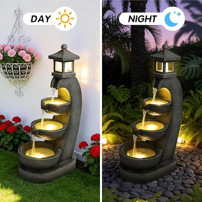 35.4" Outdoor Water Fountain, 3 Tier Bowl Cascading Freestanding Water Fountain, Lantern Style Garden Water Feature with LED Lights, Suitable for Patio Yard Porch Landscape, Grey