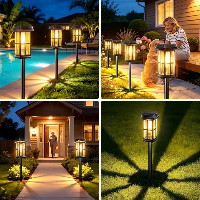 Garpar Solar Pathway Lights Outdoor 8 Pack, Window-Style with Metal Pole | 3500K Warm White, 2 Lighting Modes, Up to 18hrs Runtime, IP65 Waterproof, Ideal for Yard, Walkway, Driveway, Patio