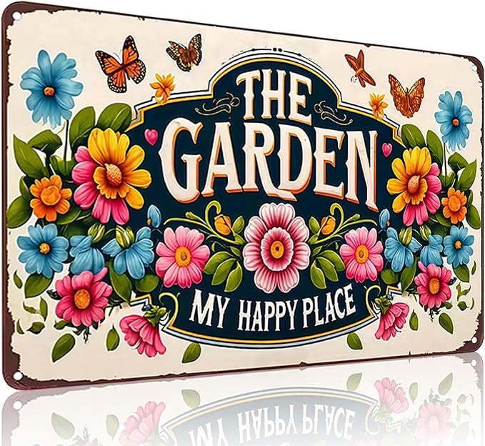 Smilelife Plants Gifts The Garden My Happy Place Vintage Tin Sign for Garden Patio Porch Yard She Shed Decor 8x12 Inch (3902)