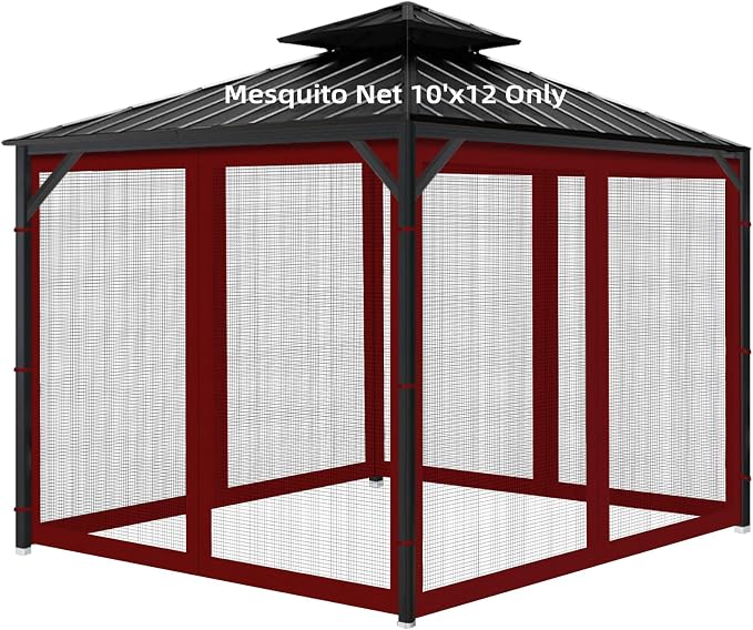 Gazebo Universal Replacement Mosquito Netting, Outdoor Mesh Netting Screen 4-Panel Sidewall with Zipper for Patio, Canopy, Garden and Backyard, Gray(Mosquito Net Only) (Red and Black, 10' x 12')