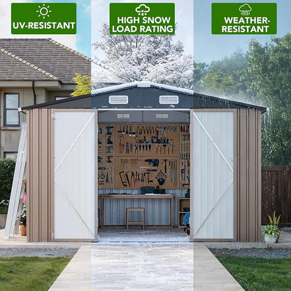 MXV 12 x 10FT Outdoor Storage Shed, Metal Garden Shed with Windows, Double Lockable Doors & Sloped Roof, Waterproof Tool Sheds for Backyard Garden Patio Lawn, Brown