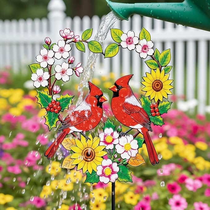 Decorative Garden Stakes Metal Red Cardinal - Heart Shaped Pair of Red Birds with Flowers 24 Inch Colorful Yard Decor, Outdoor Lawn Ornament(Cardinal Couple)