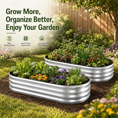 HOOPLE 2 Pack Raised Garden Bed 6x3x1FT, Galvanized Metal Raised Garden Bed Outdoor, Oval Design with Open Base for Better Drainage, Easy Gardening for Vegetables, Flowers & Herbs