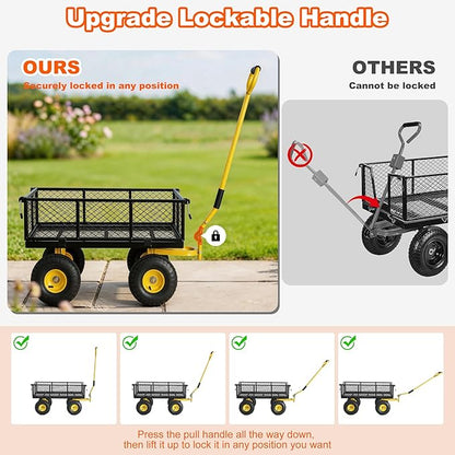 DIAMONDFORGE 500lbs Heavy Duty Garden Cart, Steel Garden Wagon Cart with Fixedable Rotating Handle for Backyard, Utility Yard Wagon with 10" All Terrain Tires, Mesh Removable Sides