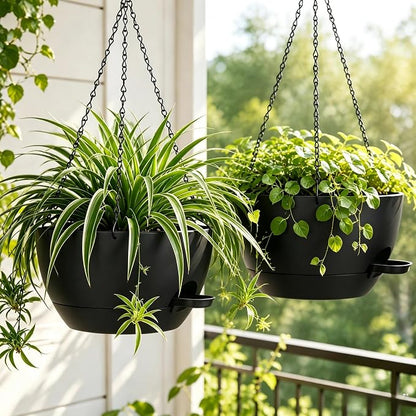 12" Self Watering Hanging Planters with Chains, Black, 2 Pack | 43 Oz removable self-watering reservoir, for indoor/outdoor plants, patio & garden