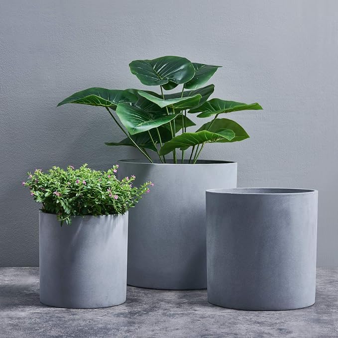 FaithLand 14 Inch Fiberstone Planter - Lightweight Modern Cylinder Plant Pot with Drainage Hole & Plug, Authentic Concrete Look, Gray