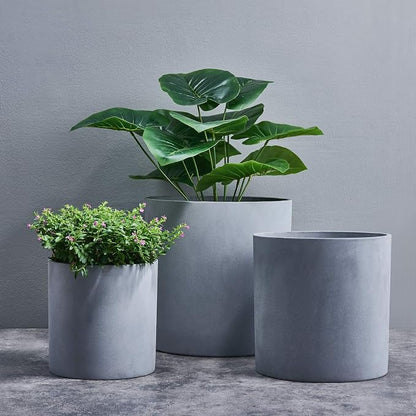 FaithLand 8 Inch Fiberstone Planter - Lightweight Modern Cylinder Plant Pot with Drainage Hole & Plug, Authentic Concrete Look, Gray