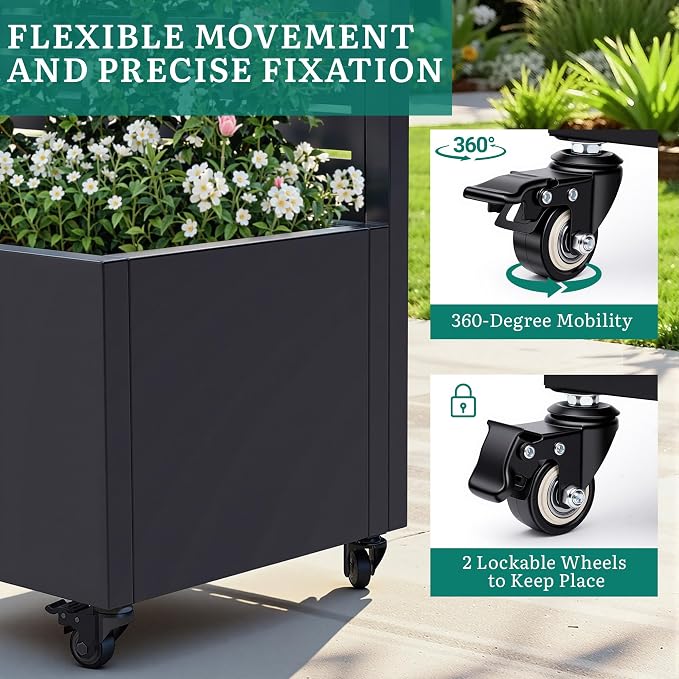 Metal Planter Box with Trellis, Galvanized Steel Raised Garden Bed with Privacy Screen, Lockable Casters, 73"x47"x16" Planter with Drainage Holes for Outdoor Climbing Plants, Vegetables, Patio