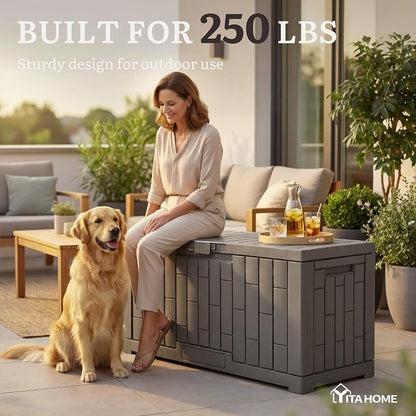 YITAHOME 60 Gallon Outdoor Storage Box | Waterproof Resin Deck Box with Slide-Locking Lid, Patio Storage Bin and Bench Seat for Patio Furniture, Garden Tools and Pool