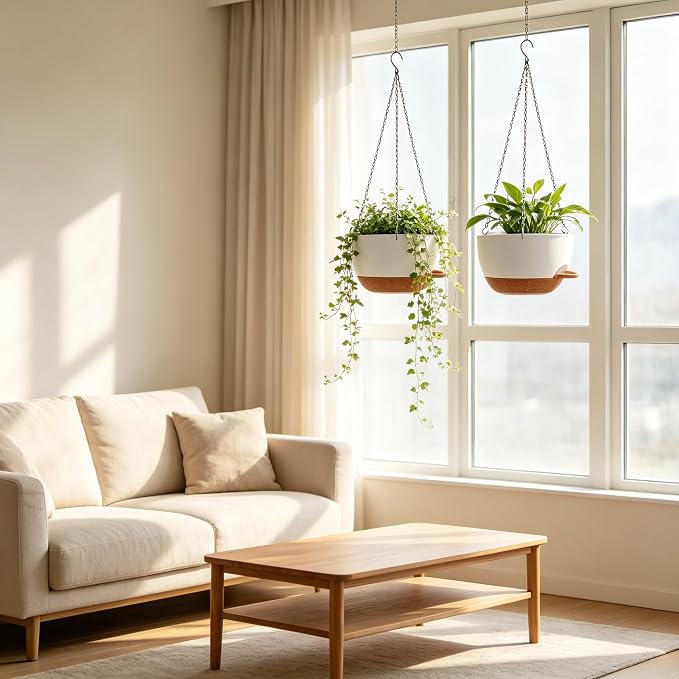 Set of 4-8 Inch Self Watering Hanging Planters for Indoor Outdoor，Hanging Plant Pots with Drainage & Removable Tray, Hanging Pots Holder for Ivy, Pothos, Ferns, Balcony & Patio, White Brown