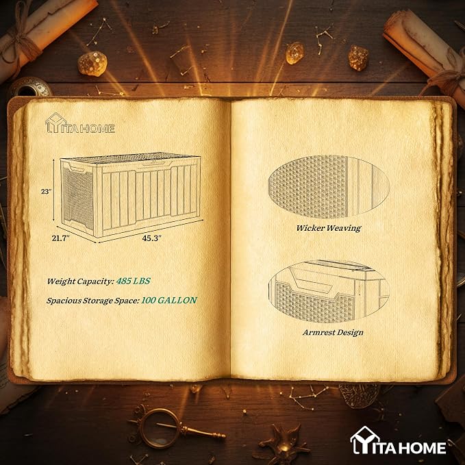 YITAHOME 100 Gallon Large Outdoor Deck Box | Waterproof Resin Storage Box, Lockable Indoor Outdoor Storage Container for Patio Furniture Cushions, Pool Accessories