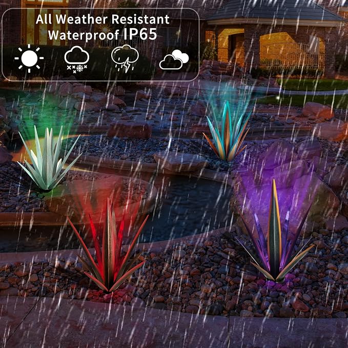 Large Tequila Rustic Sculpture, Rustic Metal Agave Plants for Outdoor Patio Yard, Home Decor Hand Painted Metal Agave Garden Yard Statue, Outdoor Lawn Ornaments (Mint Green - L (W/ Solar Light))