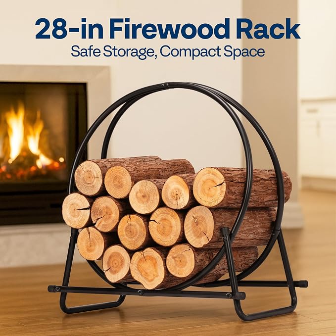 VIVOHOME 28 Inches Firewood Log Rack Hoop with Cover, Heavy Duty Solid Steel Fire Wood Storage Rack and Cover Set with Zipper, Round Log Holder Ring for Indoor Outdoor Patio Deck Porch