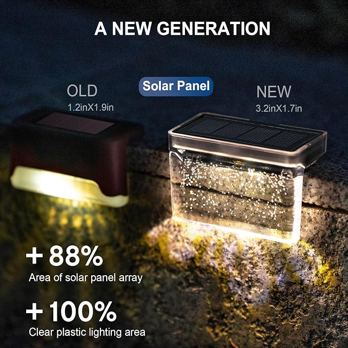 Qualdout Solar Deck Lights 8 Pack, IP65 Waterproof Solar Step Lights Outdoor, Warm White Solar Fence Lights with Crystal Acrylic Lens, Dusk to Dawn LED Lights for Stairs, Railing, Patio, Pool, Yard