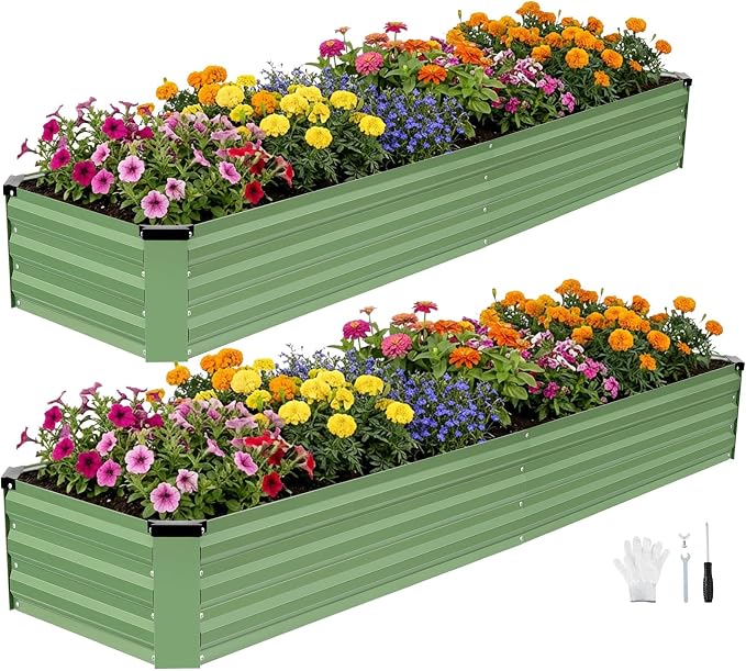 INNO STAGE Galvanized Raised Garden Bed Kits, 8x2x1ft Metal Raised Garden Beds Outdoor, Large Steel Raised Planter Bed with Gloves for Vegetables & Flowers Patio Ground Planter Box(Olive Green, 2PCS)