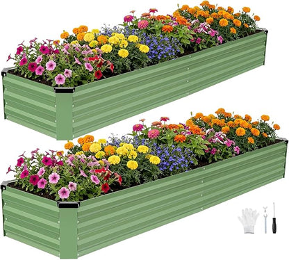 INNO STAGE Galvanized Raised Garden Bed Kits, 8x2x1ft Metal Raised Garden Beds Outdoor, Large Steel Raised Planter Bed with Gloves for Vegetables & Flowers Patio Ground Planter Box(Olive Green, 2PCS)