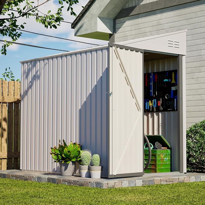 YOPTO 4x7 FT Outdoor Storage Shed,Metal Lean to Storage Shed with Reinforced Beams,All Weather Waterproof Garden Tool House W/Lockable Door and Reversible Installation,for Backyard,Patio,Lawn,White