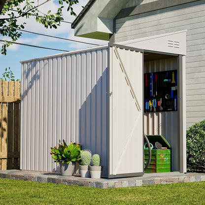 YOPTO 4x7 FT Outdoor Storage Shed,Metal Lean to Storage Shed with Reinforced Beams,All Weather Waterproof Garden Tool House W/Lockable Door and Reversible Installation,for Backyard,Patio,Lawn,White