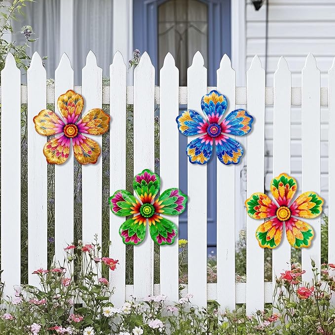4-Pack Metal Flower Wall Decor, Outdoor Fence and Garden Art | Outdoor Wall Decor art, Easy To Hang, Ideal for outdoor fences, gardens, patios, yards and exterior walls