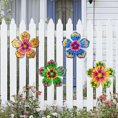 4-Pack Metal Flower Wall Decor, Outdoor Fence and Garden Art | Outdoor Wall Decor art, Easy To Hang, Ideal for outdoor fences, gardens, patios, yards and exterior walls
