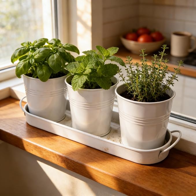 Small Pots for Plants, 3-Pack 4.7 Inch White Metal Herb Pots, Mini Windowsill Planter for Succulent, Cactus, Basil, Mint, Rosemary