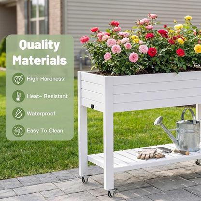 Fancyango Raised Garden Bed with Wheels 33.7" H -Medium Ashen | Resin Elevated Garden Planter Box with Drainage, Outdoor Planter Box for Veggies Herbs Patio Balcony Backyard