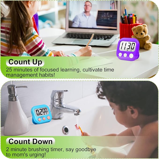 Digital Timer for Kids Teacher Supplies Classroom Timer for Study Learning Management Kitchen Work Exercise-4Pack Blue Green Yellow Purple